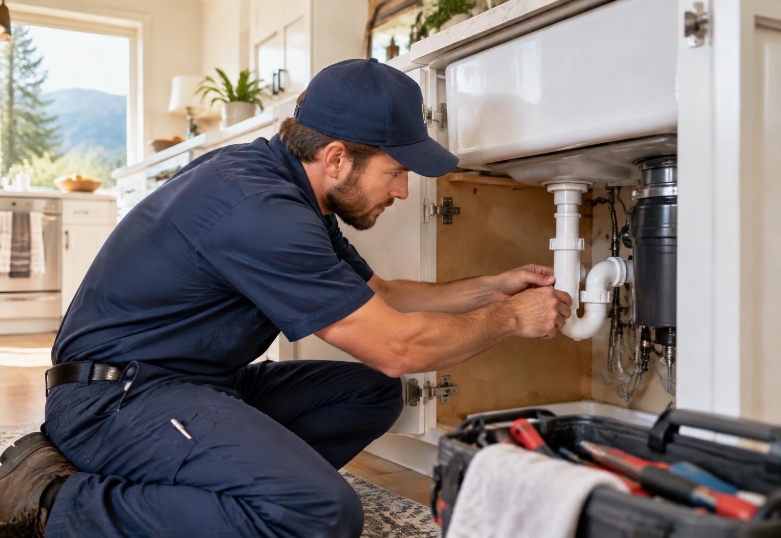 Licensed Top Option plumber repairing a kitchen sink drain in a Caldwell, Idaho home