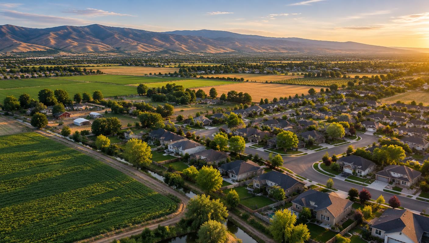 Aerial view of Treasure Valley Idaho neighborhoods and farmland served by Top Option Plumbing